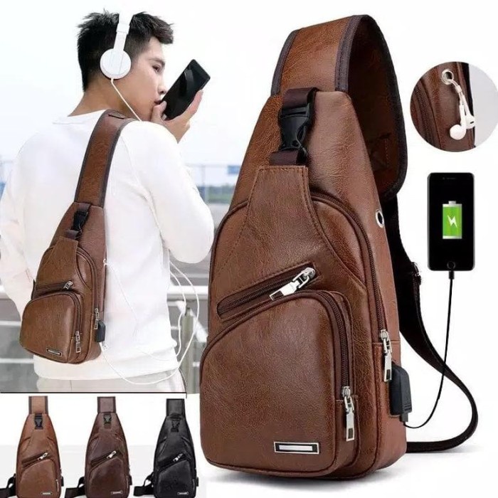 Selempang Kulit Pria Tas Hp/Tas Dada+ Usb/Tas Impor /Sling Bag Usb