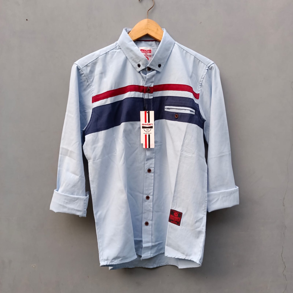 Kemeja Pria Lengan Panjang Motif Kombinasi Warna Hitam Putih Slim fit Tebal Katun Premium