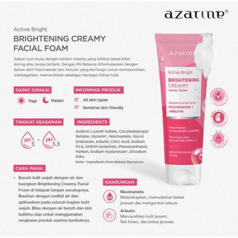 Azarine Active Brightening Creamy Facial Foam 50 Gr - Sabun Cuci Muka
