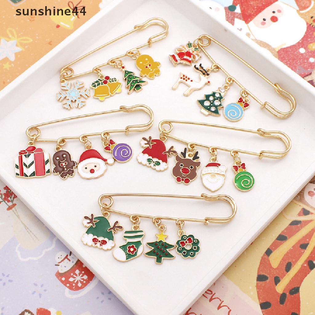 Sunshine Bros Pin Bentuk Kartun Santa Claus / Rusa / Pohon Natal Bahan Metal Untuk Aksesoris Pakaian