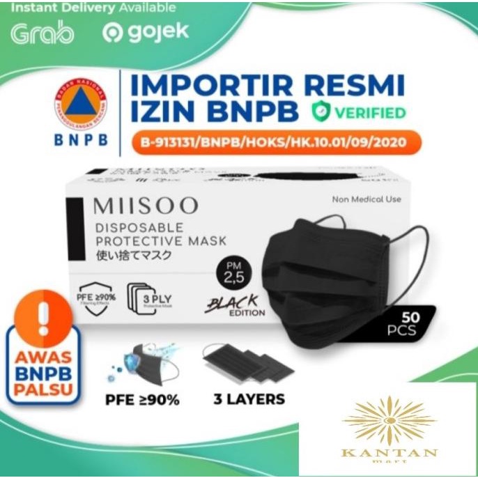 MIISOO Masker Hitam Masker Kesehatan Earloop 50pcs wajah 3ply t-kantanmart Berkualitas