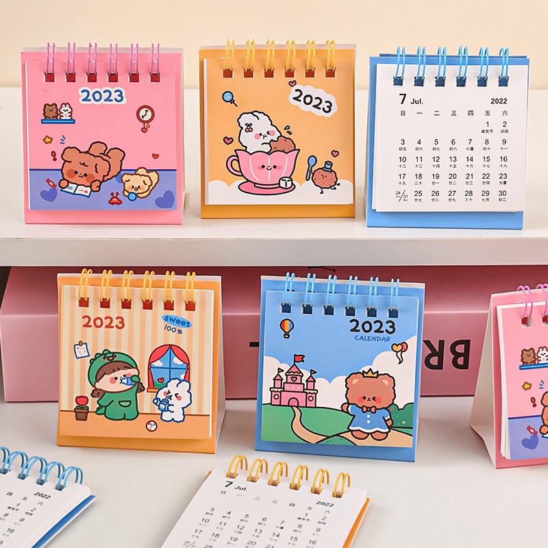 1pc 2022-2023 Kalender Meja Mini Motif Beruang / Kelinci Lucu Untuk Dekorasi Kantor / Sekolah