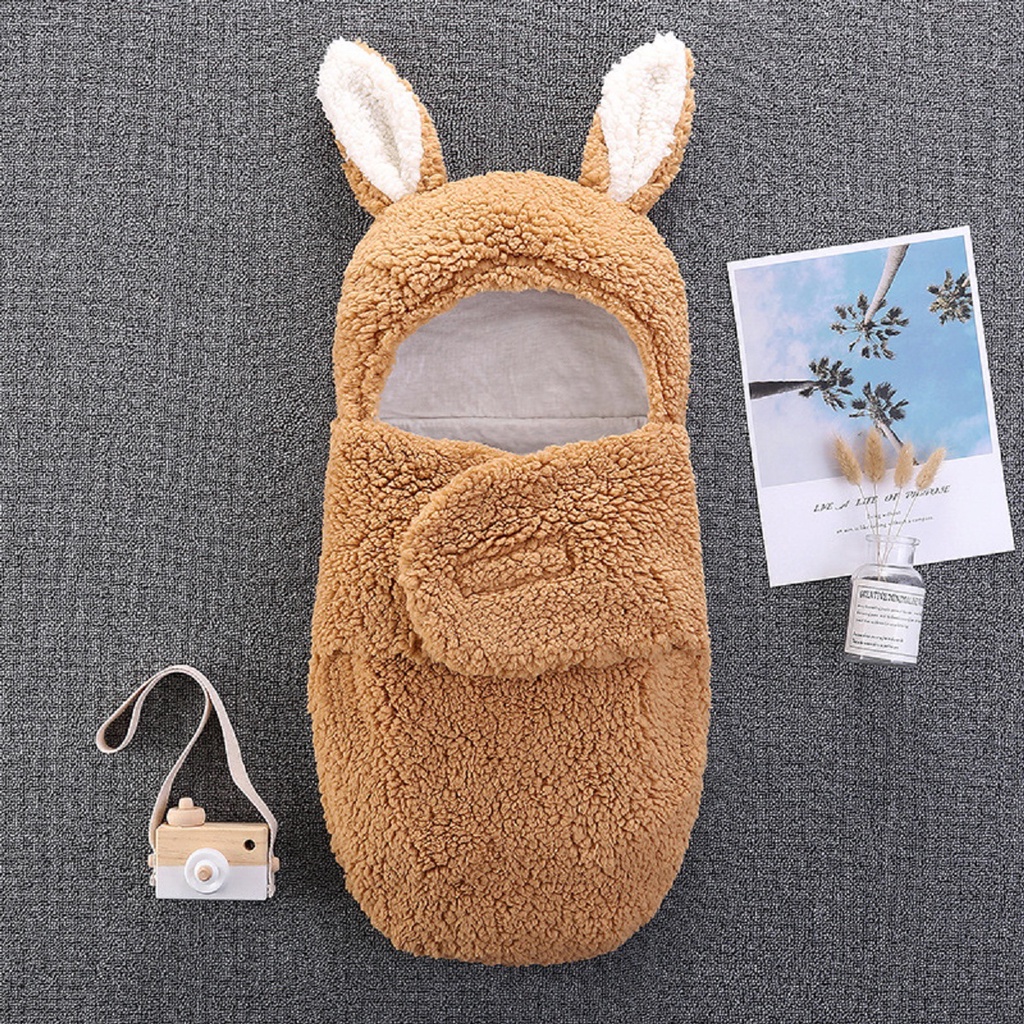 Selimut Bedong Bayi Praktis Lucu 0-1 Tahun Bahan Bulu Domba Motif Kelinci