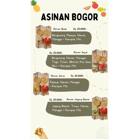 

ASINAN BOGOR BUAH/SAYUR/JAGUNG BAKAR/SERUT
