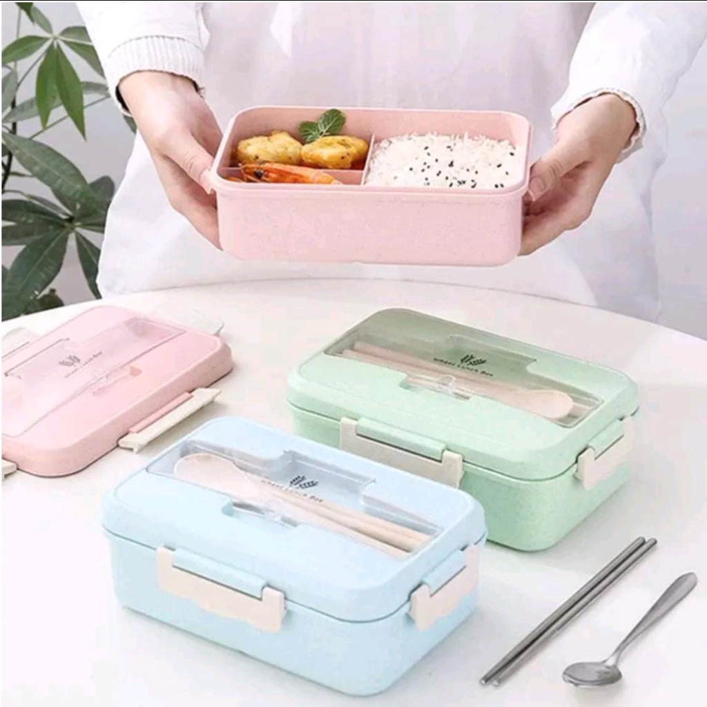 MEDIOHOME Lunch Box Gagang Set Kotak Bekal Makan Jerami Gandum kotak makan ​Free Sendok -MH1324