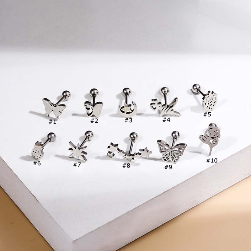 1pc Anting Tindik Hypoallergenic Bentuk Kupu-Kupu Hollow Bahan Stainless Steel