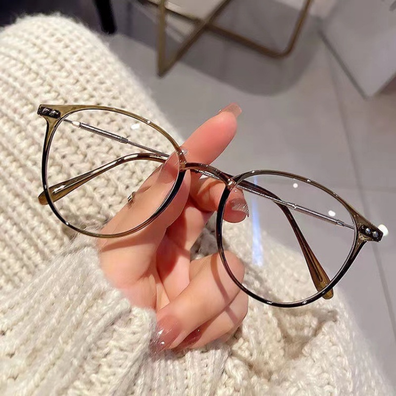 Papaozhu Chic Bulat Kecil Amber Frame Blue Light Blocking Lens Glasses Untuk Wanita Pria Fashion Eyewear Outdoor Street Snap Eyeglasses Ornaments