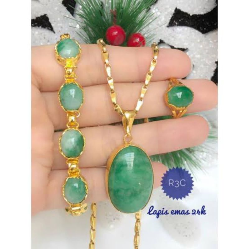 set gelang kalung dan cincin batu giok hijau asli emas 24k