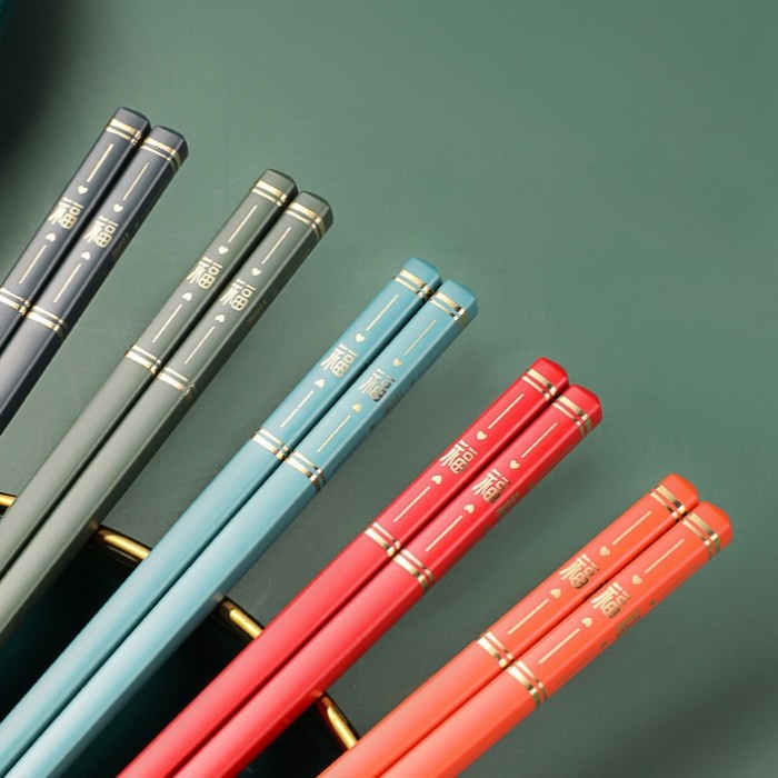 (1 Pasang) Sumpit Alloy Dengan Hiasan Tulisan Mandarin "Fuk" (24cm)