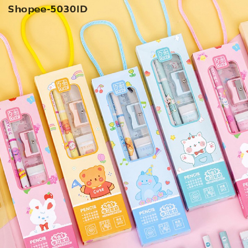 set Pensil + Penghapus + Penggaris + Rautan Motif Kartun Hewan Untuk stationery Anak / Sekolah / Hadiah