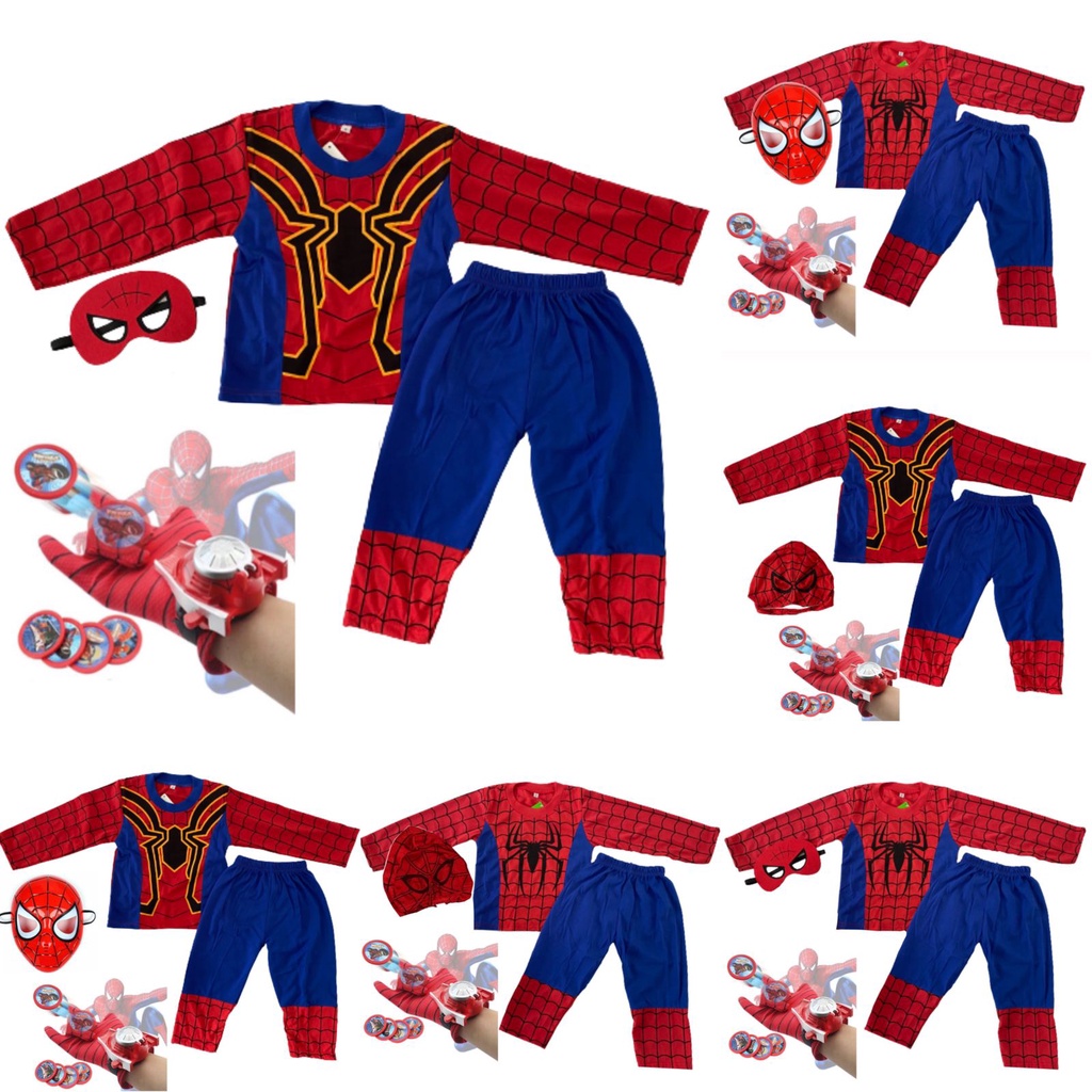 kostum spidermen bertopeng lengkap dengan mainan sarung tembak baju anak laki-laki