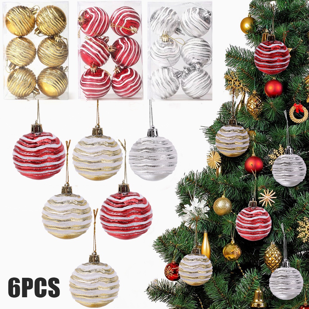 6pcs Ornamen Bola Gantung Motif Garis Warna-Warni Ukuran 6cm Untuk Dekorasi Pohon Natal