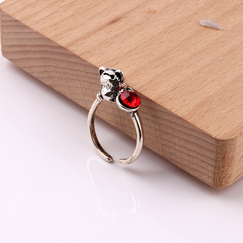 Cincin Model Terbuka Desain Kucing Aksen zircon Merah Gaya Korea retro Untuk Pasangan