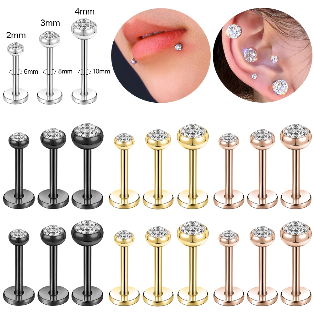 1 PC Anting Stud Tindik Bibir Tulang Rawan Telinga Bahan Stainless Steel Kristal 16G / 18G Warna Hitam