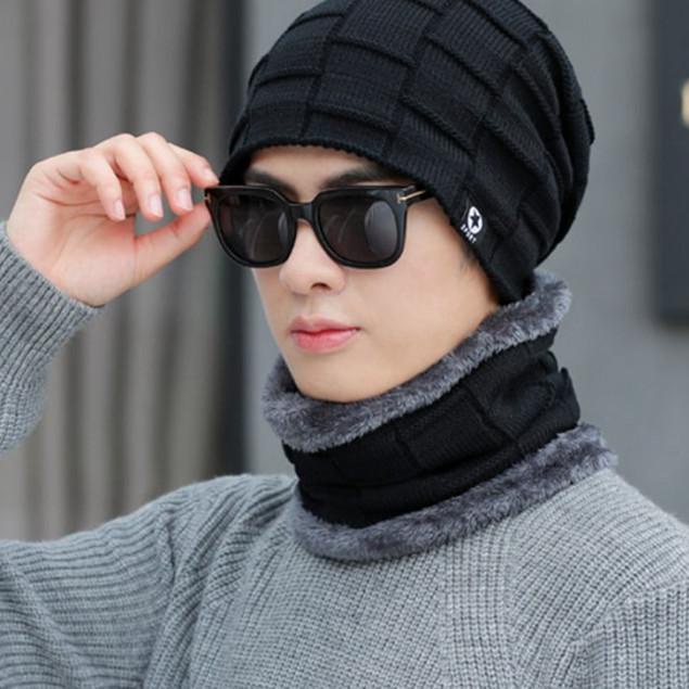 Set Topi Kupluk Tebal Bulu Rajut Scarf Hat Kupluk Bintang Satu Set - Hitam