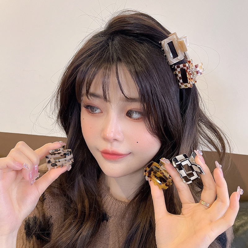 Korean Tortoiseshell Rectangle Square Hair Claw Jepit Jepitan rambut Kotak mini Korea Jedai Glossy motif patterned Leopard Checkered Hitam putih macan Aksesoris rambut cewek wanita