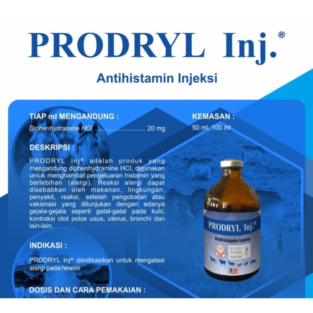 PRODRYL Injeksi 50 mL | Antihistamin Anti Alergi (Mirip Vetadryl Sanbe) | Untuk Sapi Kambing Kuda Anjing Kucing | VADCO | Apoternak