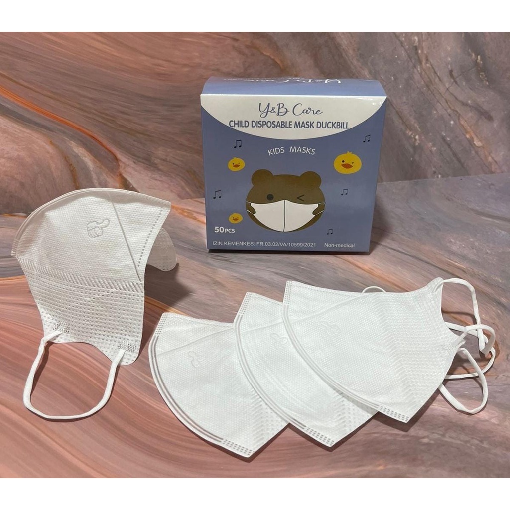 DUCKBILL MASKER ANAK Y&B CARE WARNA PUTIH ISI 50PCS  | MASKER DUCKBILL ANAK Y&B CARE MURAH