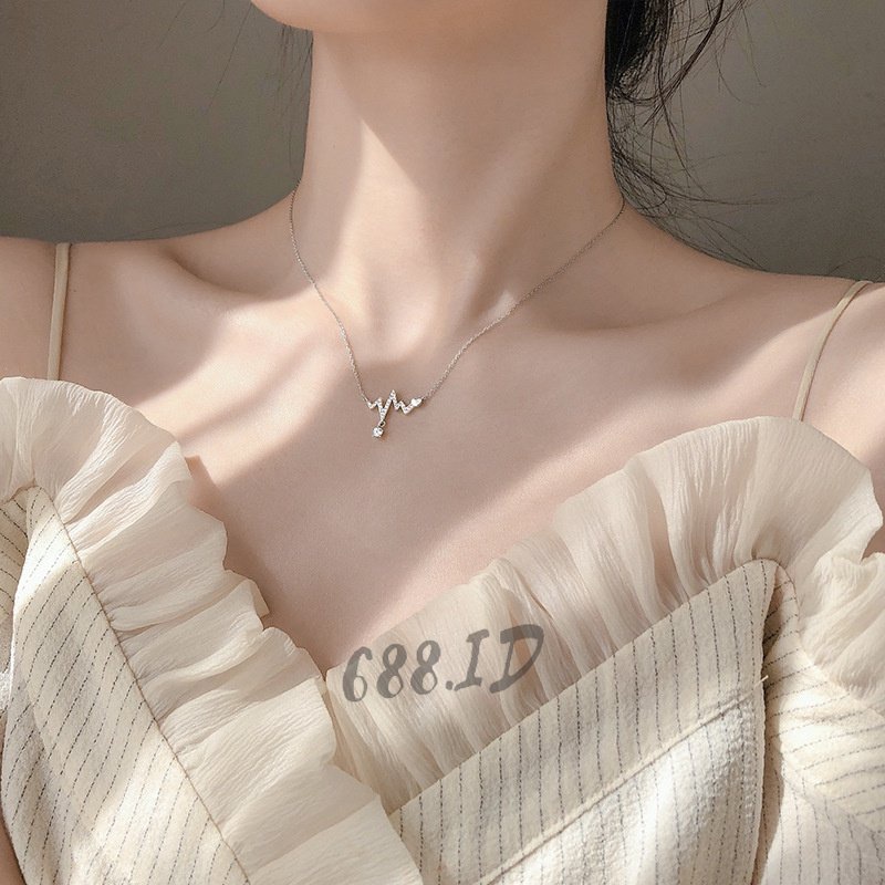 Kalung Rantai Wanita Korea dengan Liontin Detak Jantung Heart Beat Aksen Kristal Berlian Warna Silver Gold Cantik Fashion Necklace Hits NL 15