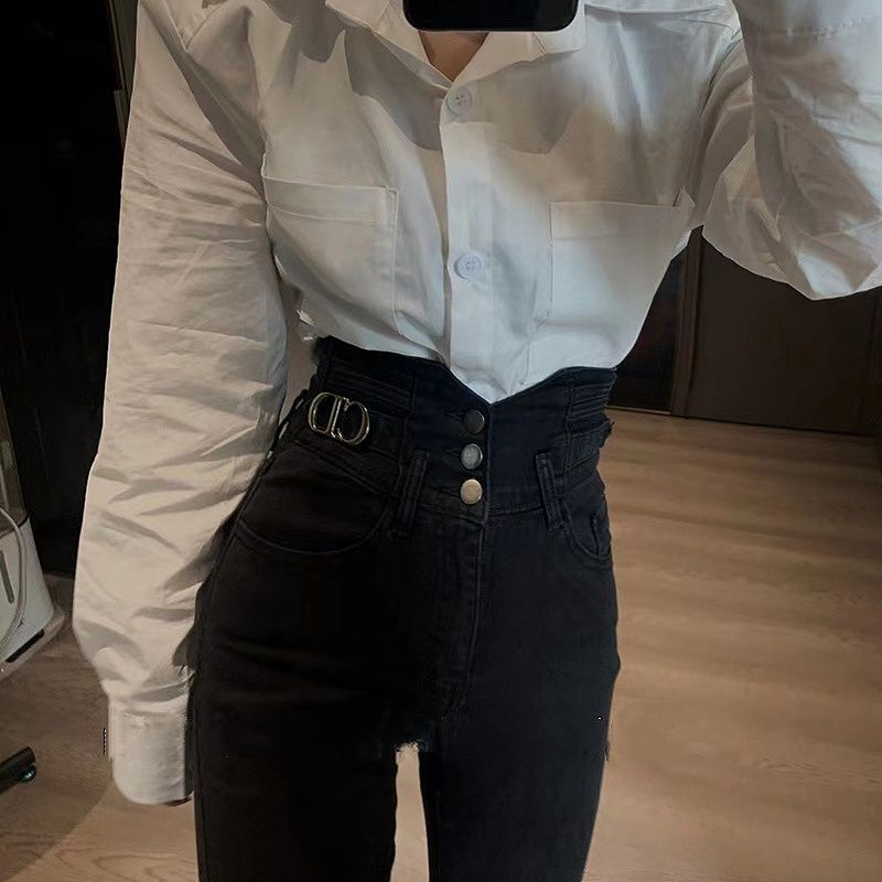 Suhao Super High Waist Three Button Jeans 2022 Musim Gugur Baru Kedatangan Skinny Stretch Skinny Pants Tinggi dan Tipis