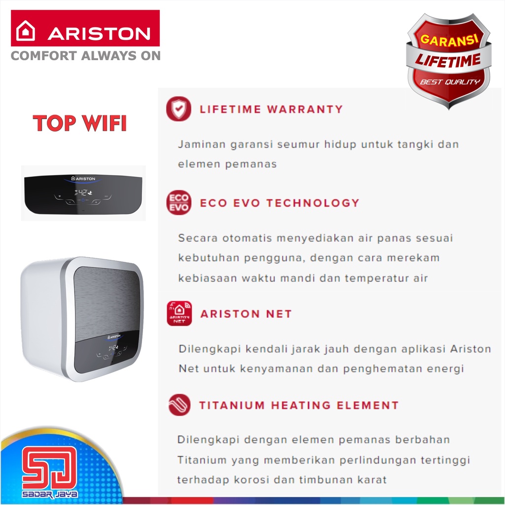 Ariston Andris 2 AN2 TOP Wifi 15 liter 350 watt Water Heater Pemanas Air Hangat Mandi