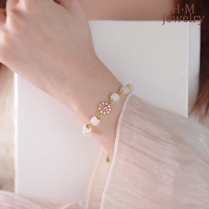 Gelang Tangan Hetian Retro Elegan Hias Zircon AAA Warna Pink Untuk Wanita 2022