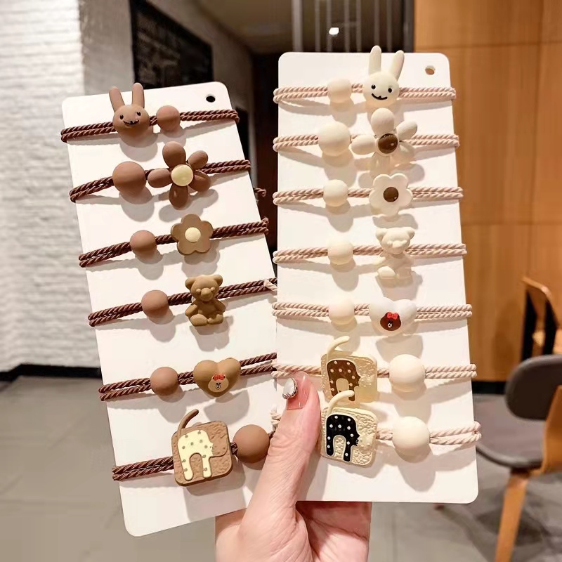 [ 6 PCS ] Ikat Rambut Fashion Wanita Motif Bear&amp;Bunga Lucu Korean Vintage Murah - Scrunchie Import