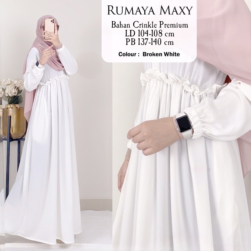 Baju Gamis wanita model terbaru 2026 dress putih karet pinggang simple elegan RUMAYA MAXY DRESS
