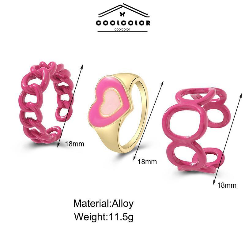 COD❤️3PCS Heart Geometry Rings Cincin Geometri Jantung Cincin Mode Menetes Minyak yang Dapat Disesuaikan untuk Aksesoris Perhiasan Wanita- cl