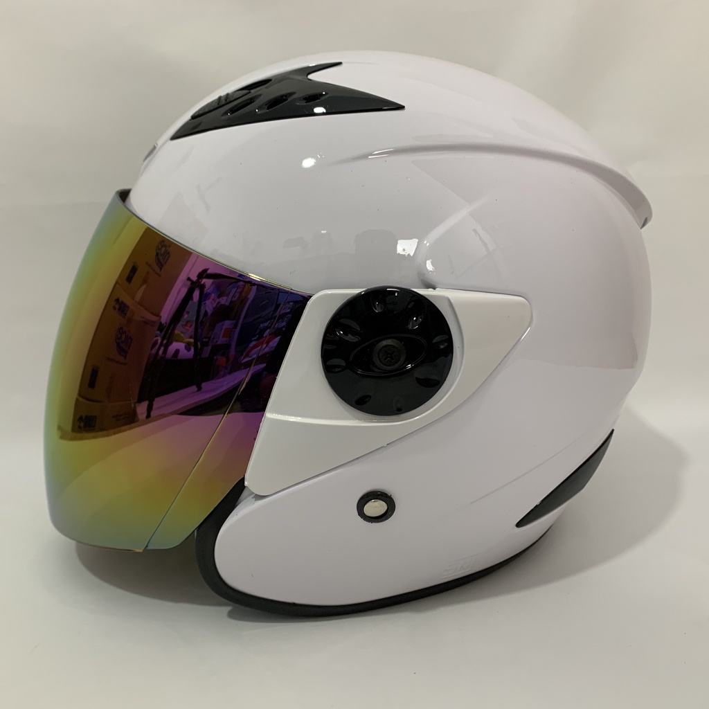 Helm Vision 2 Putih Glossy Polos Solid - Kaca Iridium Silver Pelangi Rainbow - Helm Vision Double Vi