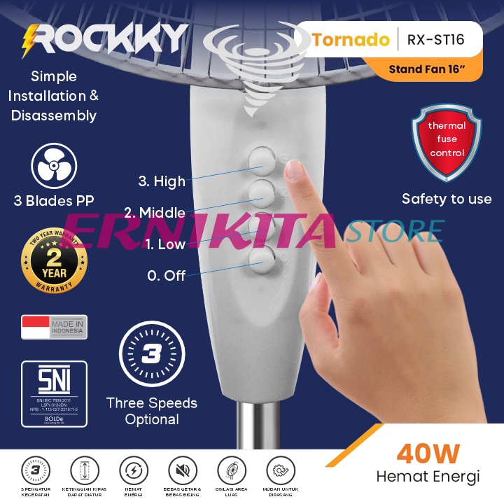 ROCKKY TORNADO KIPAS ANGIN BERDIRI - Stand Fan 16 Inch Garansi 2 Tahun