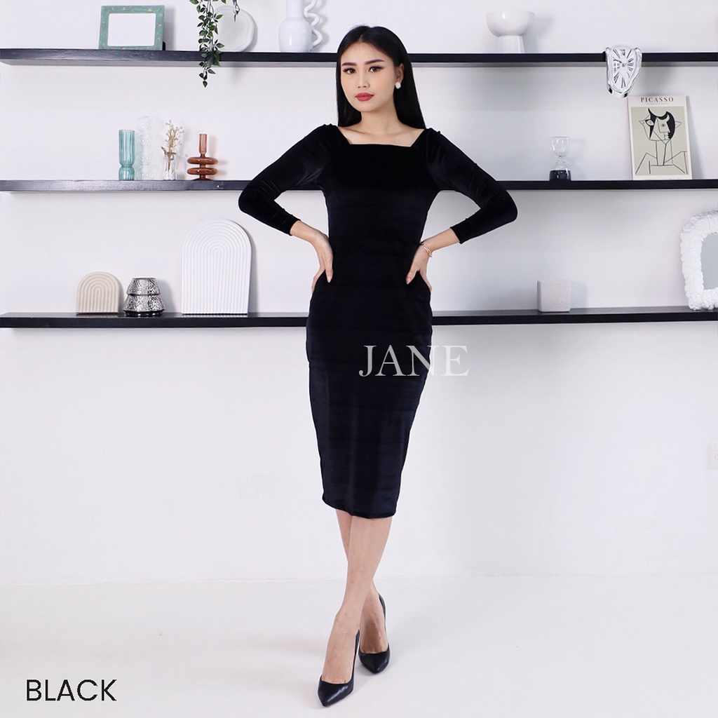 JANE COLLECTION || Midi Dress Pesta Hitam Bodycon Rok Pencil Bahan Velvet Bludru Lengan Panjang Sabrina Square Neck Party Dress Bodycon Evie