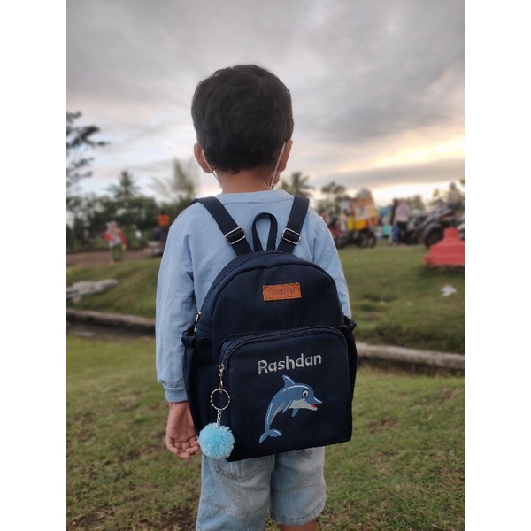 (Backpack Anak Kids) Baglist Navy Biru Dongker tas ransel custom bordir nama gambar paud tk sekolah dino gajah