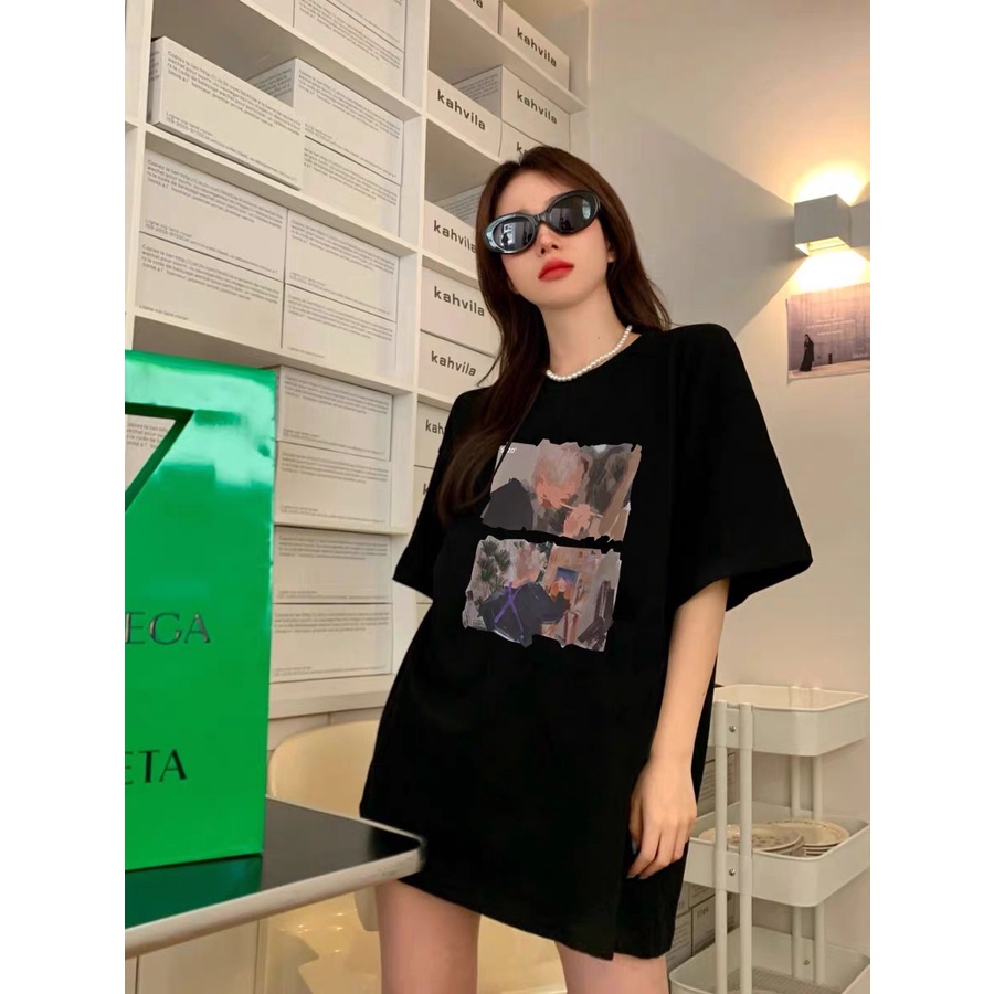 EUNII T-shirt Lengan Pendek Oil Painting Boy Korean Style/Kaos Atasan Wanita/Baju Kaus Oversize Wanita