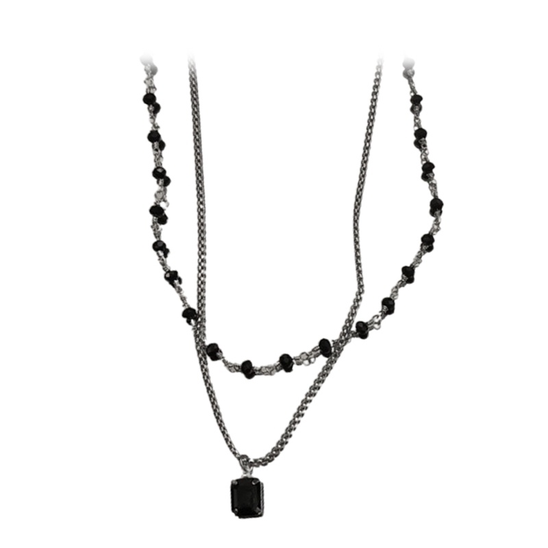 Fancyqube Kalung Choker Manik-Manik Geometris Lapisan Ganda Warna Silver Untuk Wanita