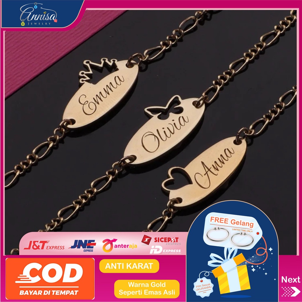 Gelang Nama terbaru model Plat Mahkota/Kupu/Love gold/silver