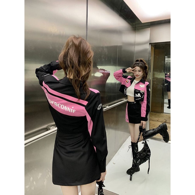 Suhao American Spice Girls Musim Gugur Jas Bisbol Seragam Sepeda Motor Angin Jaket Pendek Wanita + Setengah Tubuh Paket Hip Rok Pendek rok Dua Potong Set