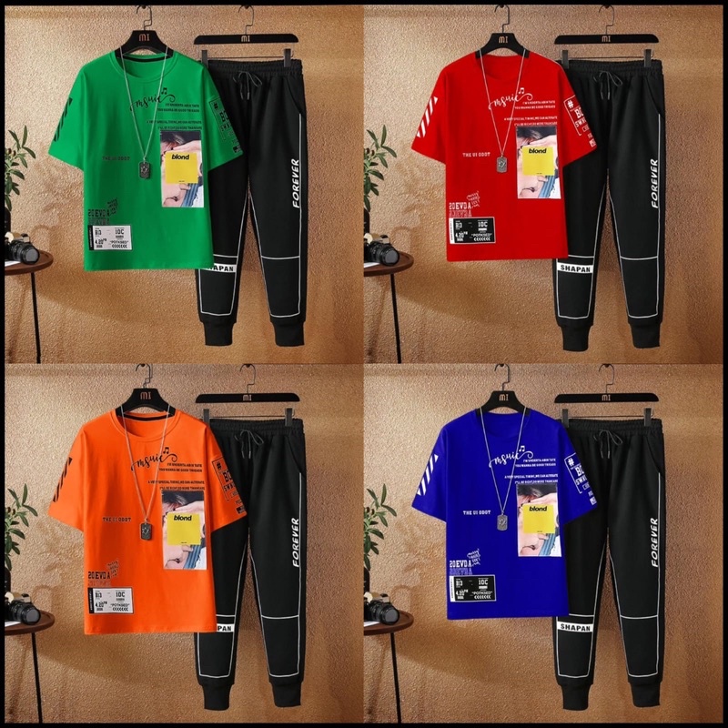 BAJU STELAN HUOHUO COWOK SETELAN PRIA KAOS PENDEK + CELANA JOGGER PANTS PANJANG