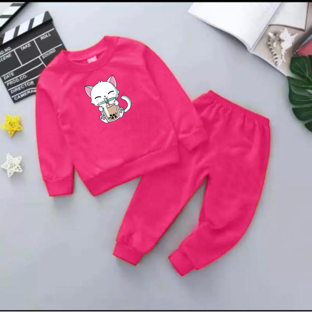 Setelan Sweater Anak Cat Boba Basic Oblong