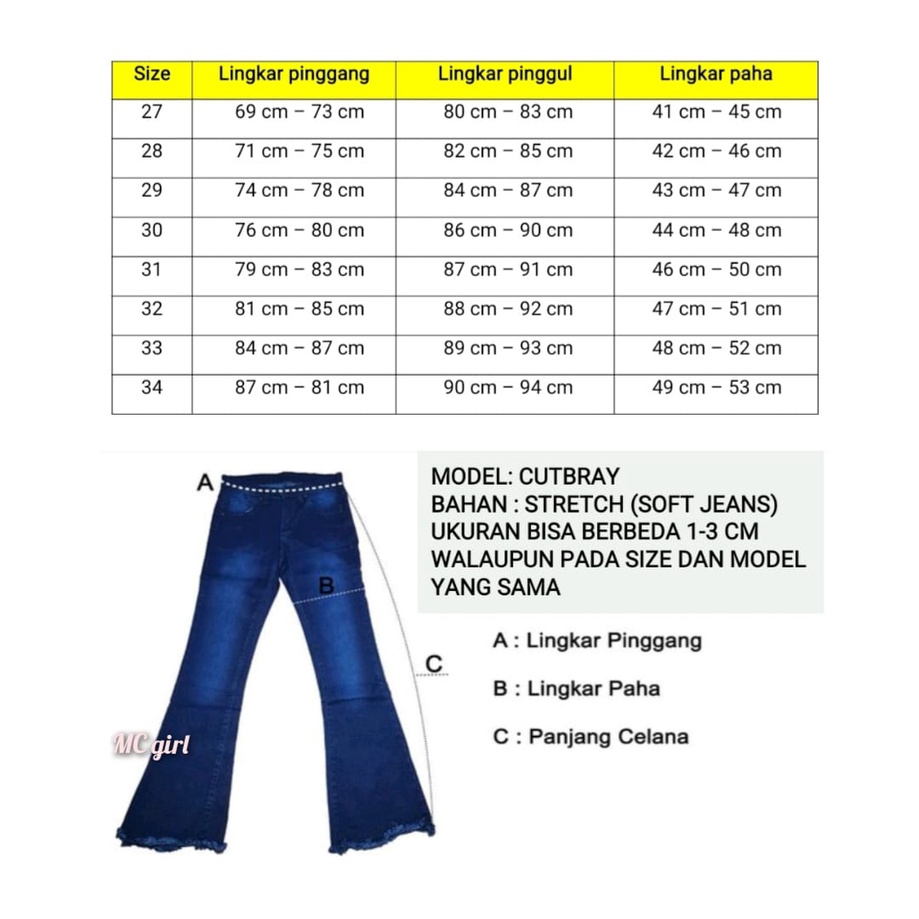 ( Size 27 - 34 ) MC girl - Cutbray Rawis List Panjang Warna Snowblue Wanita / Celana Jeans List Samping Kaki Lebar Rumbai Colour Snow Blue / Boot Cut