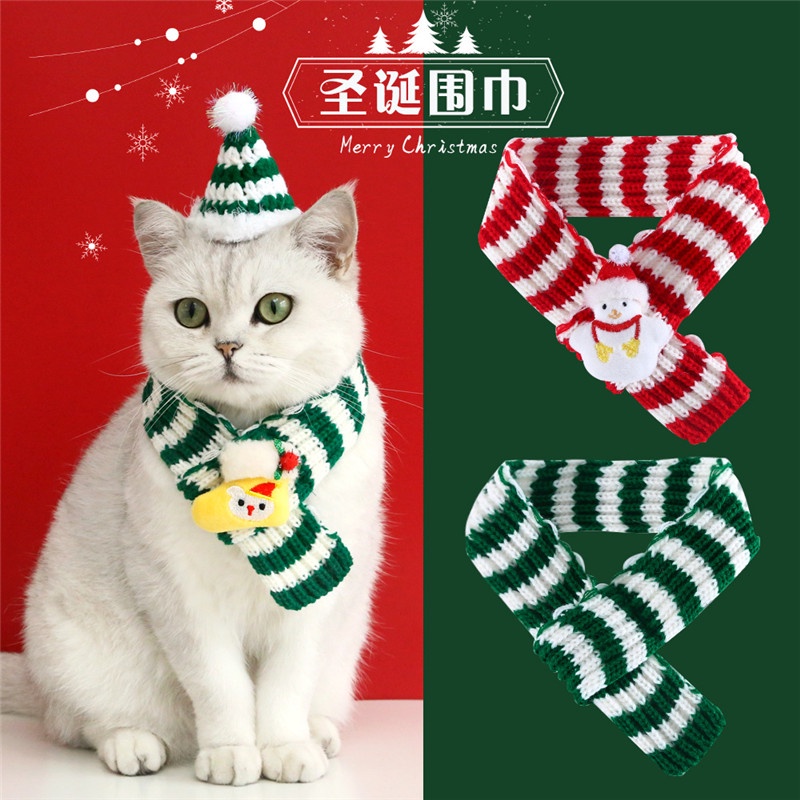 Syal Rajut Bahan Wol Motif Garis Tema Natal Untuk Anjing / Kucing Peliharaan