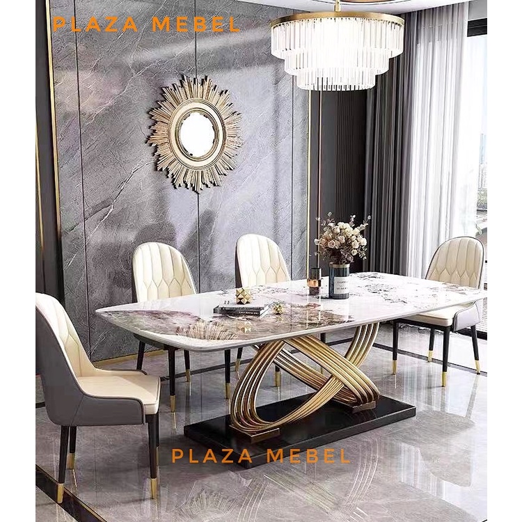 SET MEJA MAKAN 6 KURSI H716 MARMER STENLIS GOLD UK. 160 White