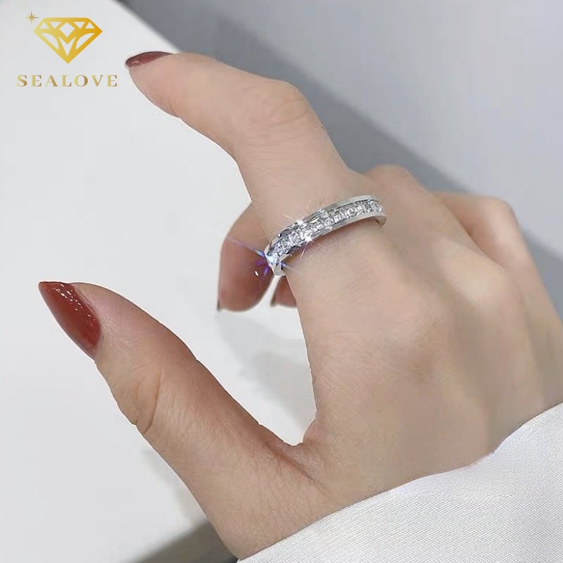 Cincin titanium perak bertatahkan berlian aksesori perhiasan Korea cicin wanita