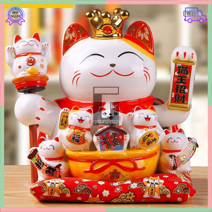 Pajangan Patung Hiasan Boneka Dekorasi Kucing Bawa Panggil Rejeki Rezeki Hoki Maneki Neko Maneko Neki ManekiNeko Lucky Cat Keberuntungan Baterai Batrai Batre Listrik Tangan Goyang Gerak Meja Kasir Toko Resto Cafe Cina China Jepang Jumbo Besar XL Keramik