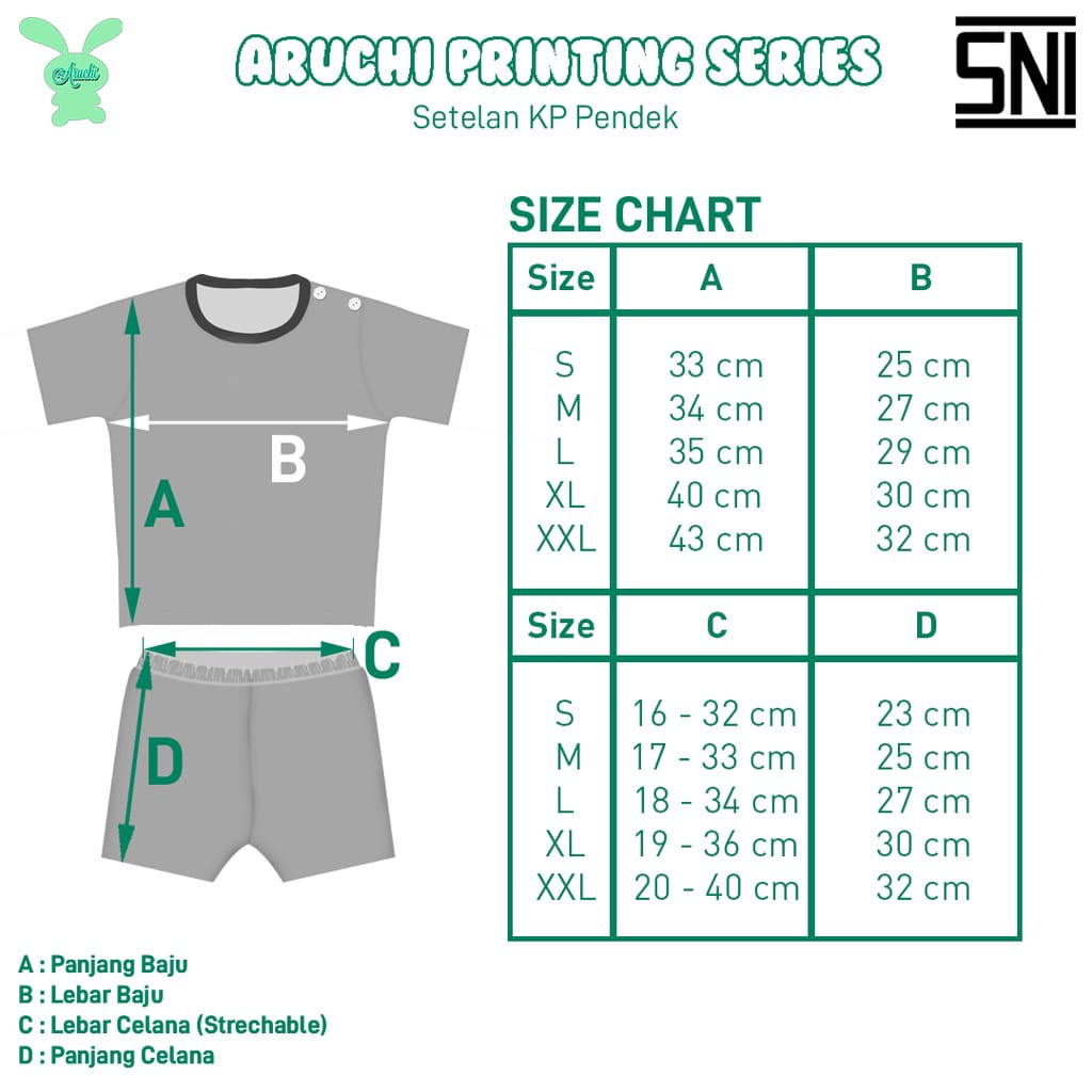 Aruchi Baby Setelan Pendek Kc pundak oblong Motif SML - Aruchi setelan oblong pendek motif/Piyama bayi