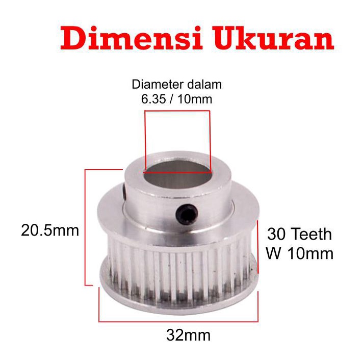 [HAEBOT] HTD3M Pulley Pully Timing CNC BF 30T W10 Bore 5 6 6.35 8 mm 3D Printer Lebar 10mm Puley Printer Aluminium Pitch 3mm Silver Bor