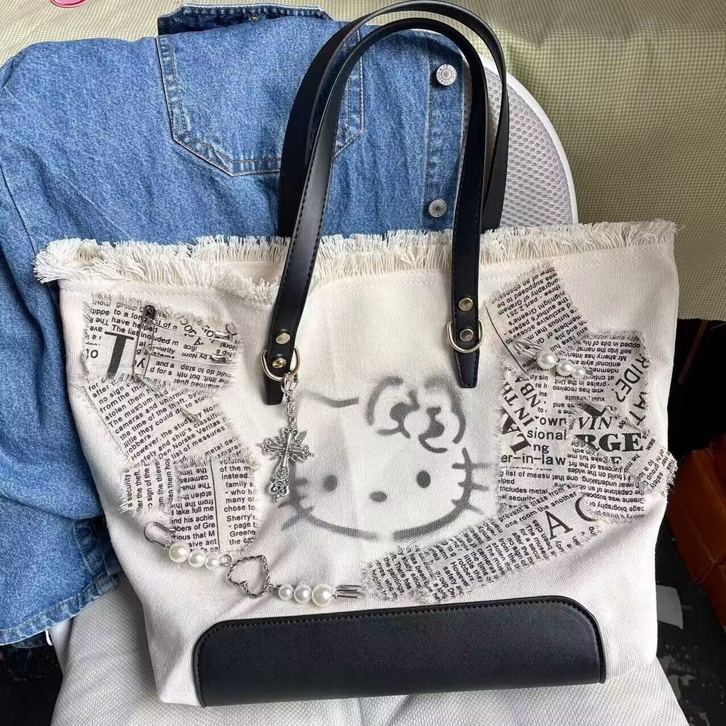 Sera original new kitty cat y2k hot girl embroidery canvas shoulder bag tote bag casual niche cute messenger bag