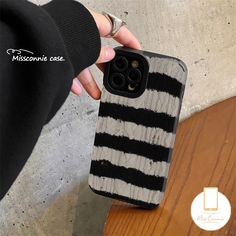 Soft Case Silikon Tekstur Kulit Garis Hitam Putih Tahan Banting Untuk iPhone 7Plus 8Plus 11 14 13 12 Pro Max XR X XS Max 7 8 Plus