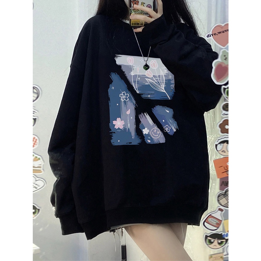 EUNII Sweater Lengan Panjang Cartoon Painting Landscape Korean Style/Hoodie Oversize/Baju Wanita/Switer Wanita