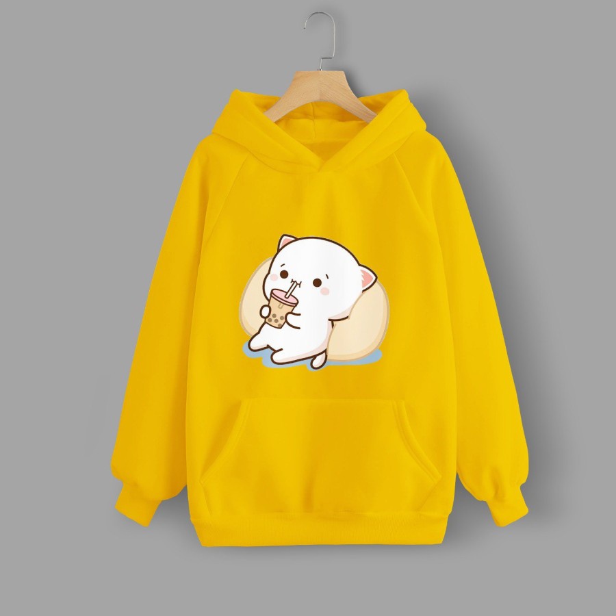 Hoodie Wanita Gambar Gomma Minum Boba Warna Kuning Terbaru Vallenca Official